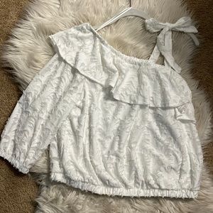 Lauren Conrad tie on one shoulder, NWOT, super cute white with print